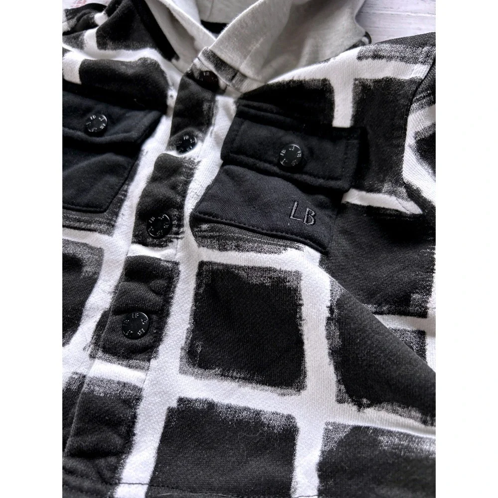Little Bipsy Hooded Button Down Kids Black White Grid French Terry 12-18M